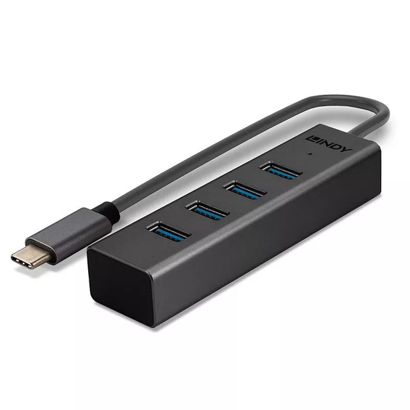 Lindy 43325 hub USB 3.2 Gen 1 Type-C a 4 porte, 4x USB-A, 5 Gbps, grigio, alluminio/plastica
