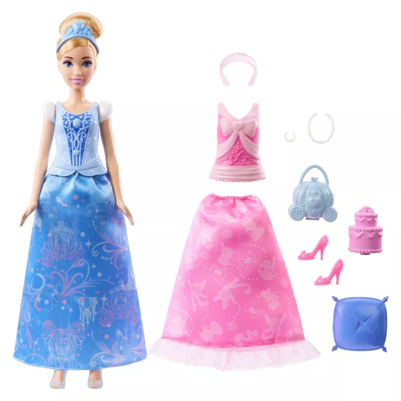 Disney Princess 2 in 1 storie Cinderella bambola moda con 2 top intercambiabili, 2 gonne e 9 accessori