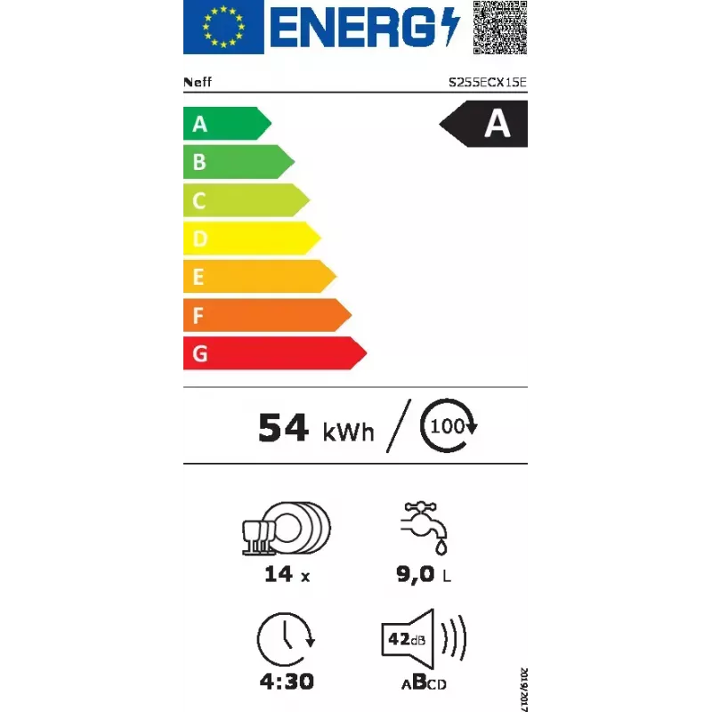 Lavastoviglie NEFF S255ECX15E completamente integrabile, 14 coperti, classe di efficienza energetica A, 42 dB, Home Connect