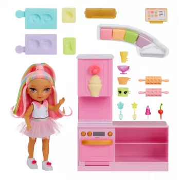 Rainbow High Little Dessert Shop con Kandy Playset, bambola moda, femmina, 4 anni, 140 mm, multicolore