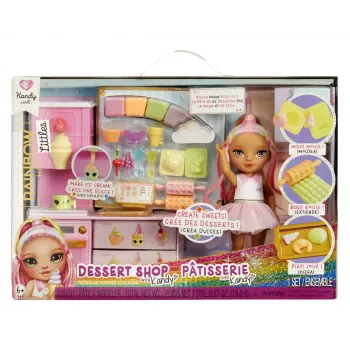 Rainbow High Little Dessert Shop con Kandy Playset, bambola moda, femmina, 4 anni, 140 mm, multicolore