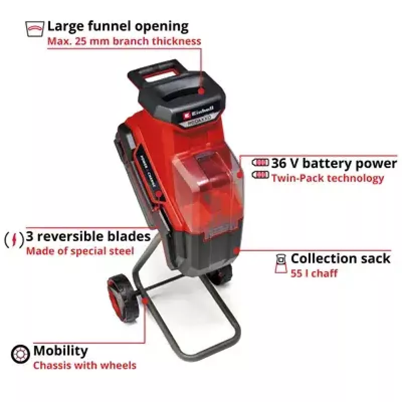 Einhell REDAXXO 36/25 biotrituratore a coltelli a batteria da giardino, 36 V (2x18 V), ramo max 25 mm, solo corpo senza batteria e caricabatterie, rosso/nero