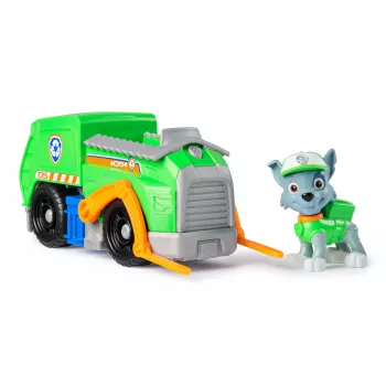 PAW Patrol, camion riciclaggio di Rocky, auto giocattolo con action figure da collezione, giocattolo sostenibile per bambini e bambine dai 3 anni