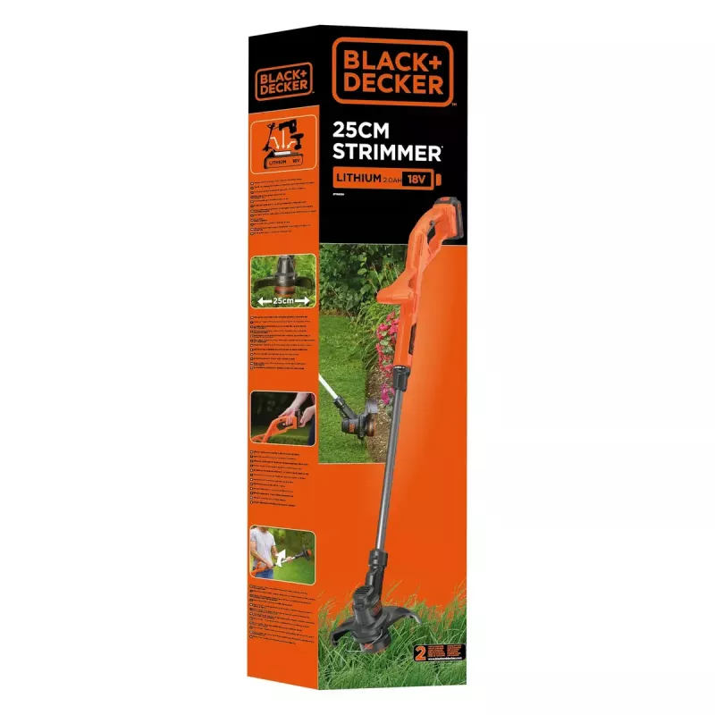 Black & Decker ST182320-QW tagliabordi a batteria, 18 V, 2,0 Ah Li-Ion, larghezza di taglio 25 cm, con batteria e caricabatterie, arancione/nero