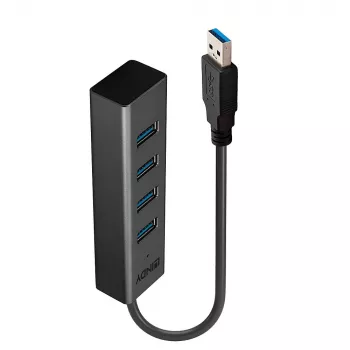 Hub USB Lindy 4 porte USB 3.0, USB 3.2 Gen 1 (3.1 Gen 1) Type-A, USB 3.2 Gen 1 (3.1 Gen 1) Type-A, 5000 Mbit/s, nero, alluminio, plastica, 0,3 m