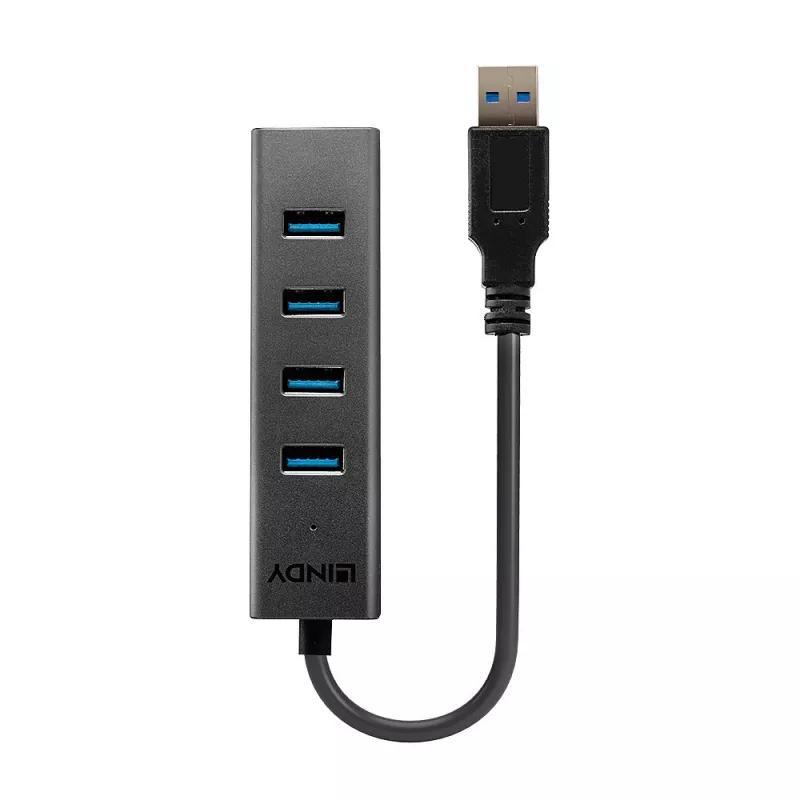 Lindy 43324 hub USB 3.0 a 4 porte, USB 3.2 Gen 1 Type-A, 5 Gbit/s, cavo integrato, alluminio/plastica, nero