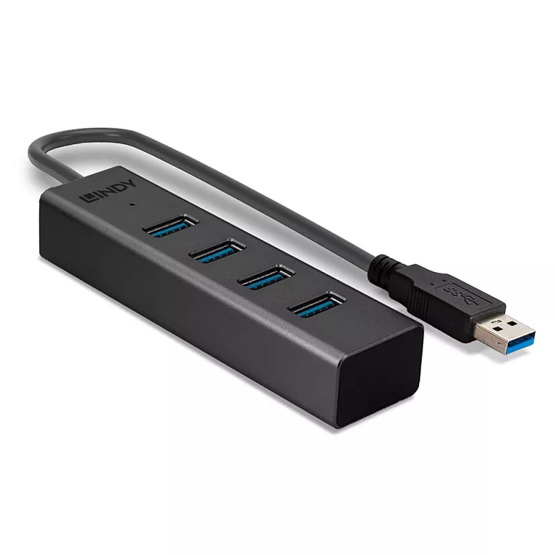 Lindy 43324 hub USB 3.0 a 4 porte, USB 3.2 Gen 1 Type-A, 5 Gbit/s, cavo integrato, alluminio/plastica, nero