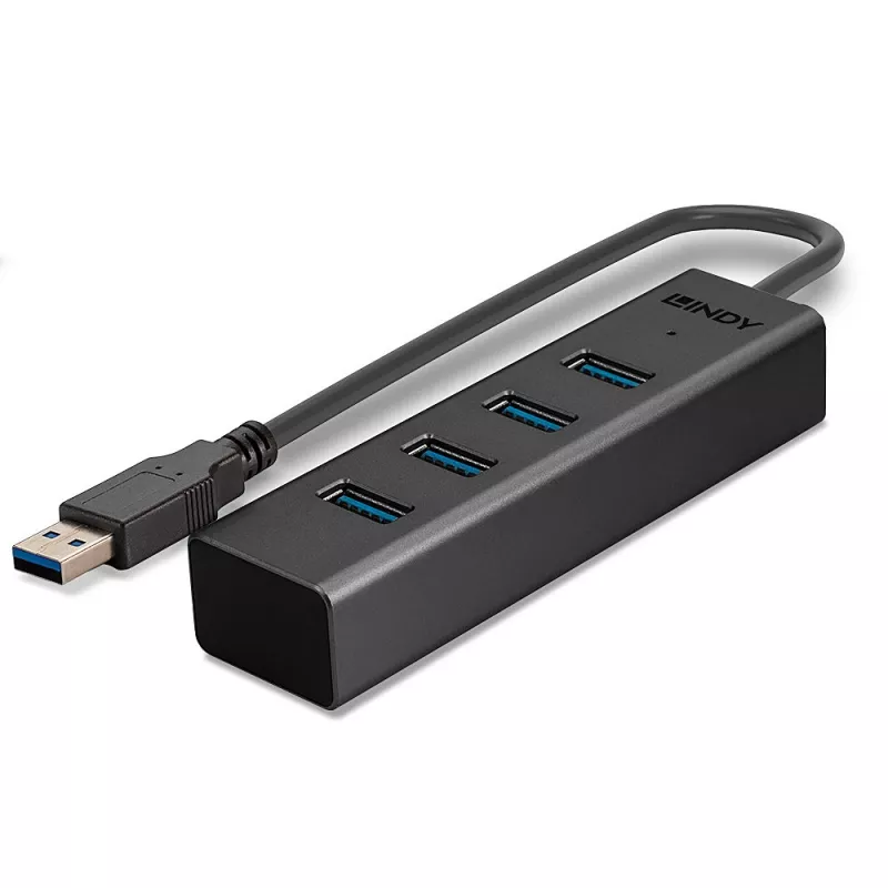 Lindy 43324 hub USB 3.0 a 4 porte, USB 3.2 Gen 1 Type-A, 5 Gbit/s, cavo integrato, alluminio/plastica, nero