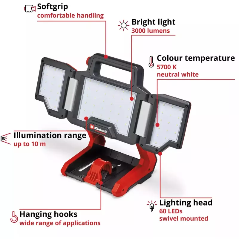 Lampada a batteria EINHELL TP-CL 18/3000 Li Set Solo — lampada da lavoro ricaricabile, rossa, senza batteria e caricabatterie