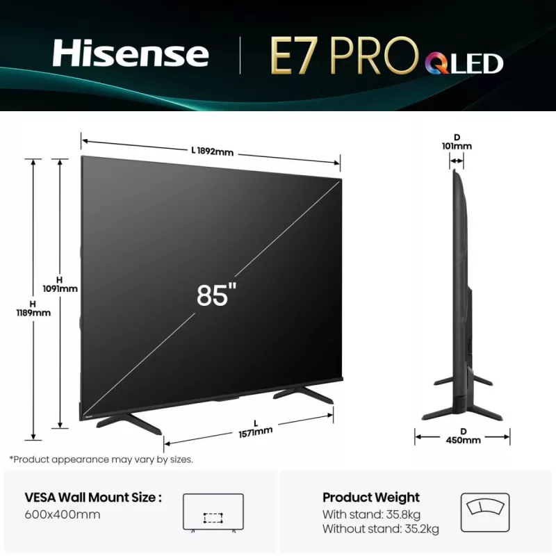 Hisense 85E77Q PRO 2,16 m (85") QLED 4K Ultra HD Smart TV, 144 Hz, Wi-Fi, triplo sintonizzatore, registrazione su USB, nero