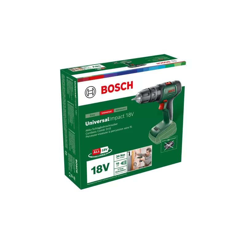Bosch UniversalImpact 18V 06039D4100 trapano avvitatore a percussione a batteria, 1450 giri/min, mandrino autoserrante, senza batteria e caricabatterie, verde/nero