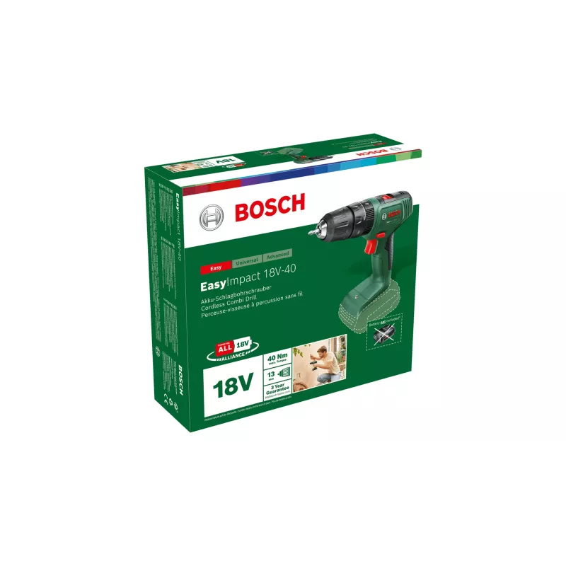 Bosch EasyImpact 18V-40 06039D8100 trapano avvitatore a percussione a batteria, 1630 giri/min, 24450 colpi/min, mandrino autoserrante, senza batteria e caricabatterie, verde/nero
