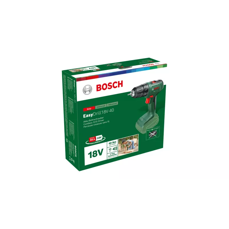 Bosch EasyDrill 18V-40 06039D8000 trapano avvitatore a batteria, 40 Nm, 1630 giri/min, a 2 velocità, senza batteria e caricabatterie, verde/nero