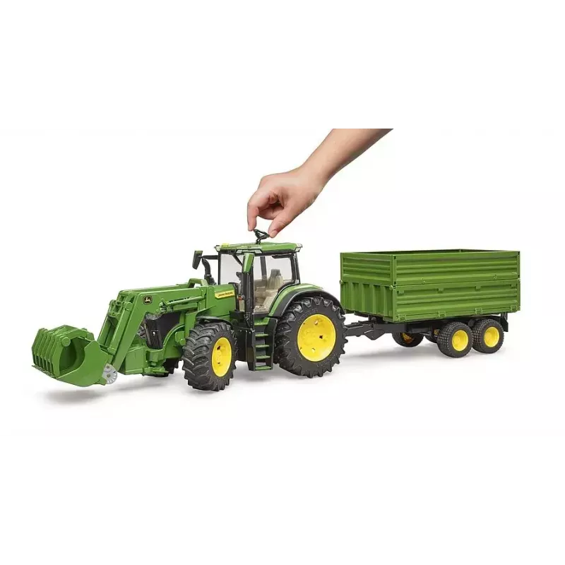 Trattore BRUDER John Deere 7R 350 con caricatore frontale e rimorchio tandem, plastica, da 3 anni
