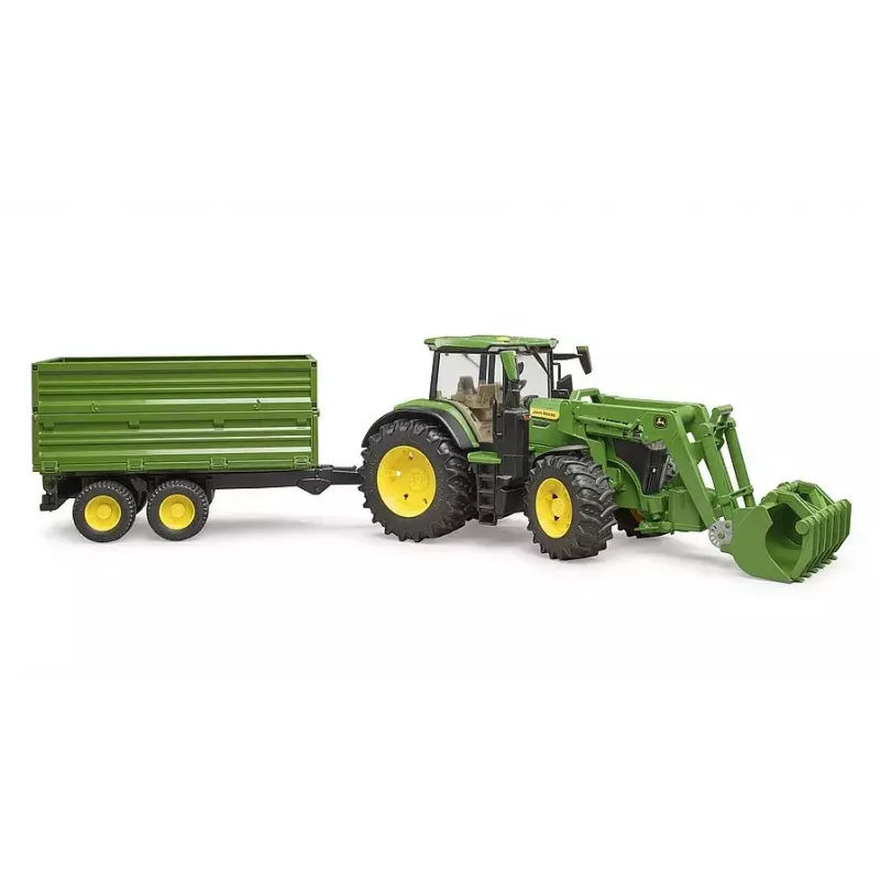 Trattore BRUDER John Deere 7R 350 con caricatore frontale e rimorchio tandem, plastica, da 3 anni