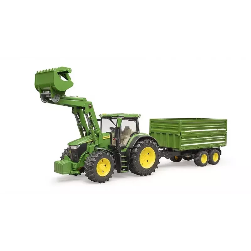 Trattore BRUDER John Deere 7R 350 con caricatore frontale e rimorchio tandem, plastica, da 3 anni