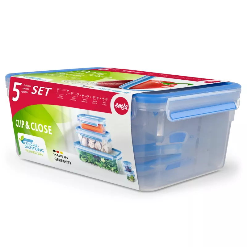 EMSA CLIP & CLOSE 508568 Contenitore per alimenti rettangolare set 3,7 L blu, trasparente 5 pezzi