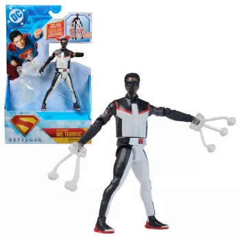 DC Comics, SUPERMAN, Mr. Terrific, action figure Epic Strike, 15 cm, design autentico del film, include 2 accessori, giocattolo per bambini e bambine da 4 anni