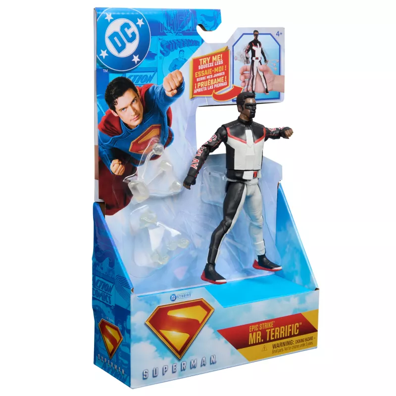 DC Comics, SUPERMAN, Mr. Terrific, action figure Epic Strike, 15 cm, design autentico del film, include 2 accessori, giocattolo per bambini e bambine da 4 anni
