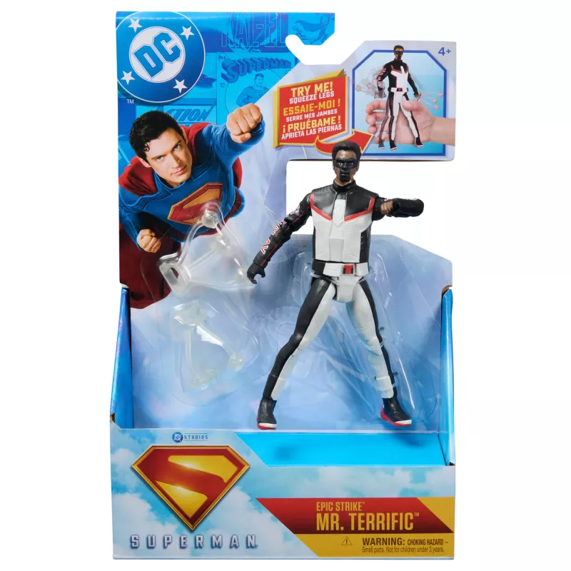 DC Comics, SUPERMAN, Mr. Terrific, action figure Epic Strike, 15 cm, design autentico del film, include 2 accessori, giocattolo per bambini e bambine da 4 anni