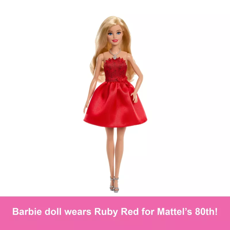 Bambola Barbie Mattel 80° anniversario moda color rubino con abito rosso e accessori