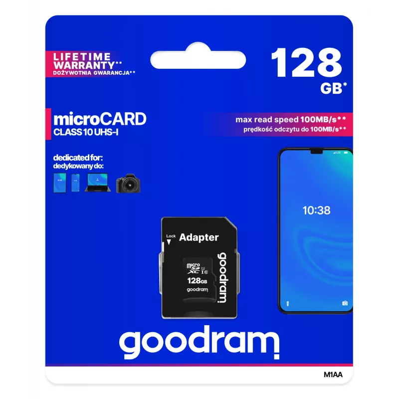 Memoria flash microSDXC GOODRAM 128GB UHS‑I Class 10 (lettura 100 MB/s, scrittura 10 MB/s) con adattatore SD