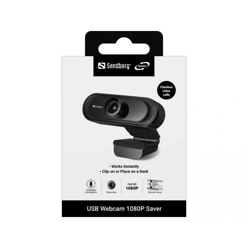Sandberg webcam USB 1080P Saver, 2 MP, 1920 x 1080 pixel, Full HD, 30 fps, 1920x1080@30fps, 1080p