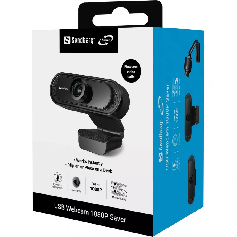 Sandberg webcam USB 1080P Saver, 2 MP, 1920 x 1080 pixel, Full HD, 30 fps, 1920x1080@30fps, 1080p