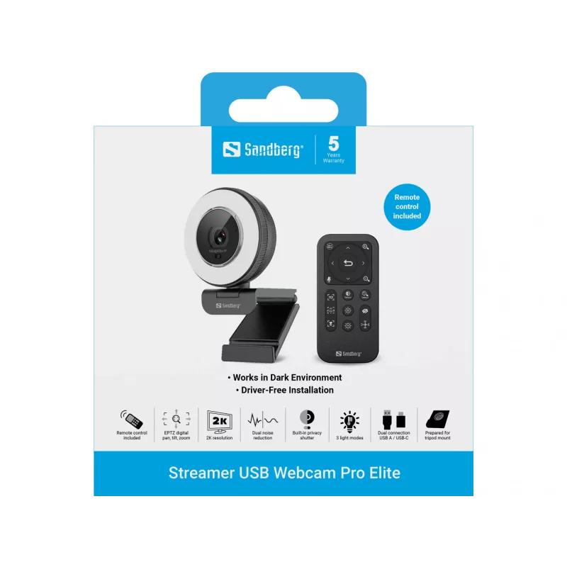 Sandberg Streamer USB Webcam Pro Elite 2560x1440 60fps nero