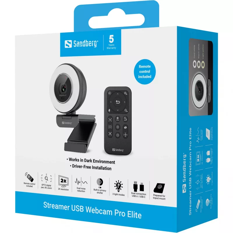 Sandberg Streamer USB Webcam Pro Elite 2560x1440 60fps nero