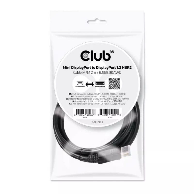 Cavo Club 3D CAC-2163 da Mini DisplayPort a DisplayPort 1.2 HBR2, maschio/maschio, 2 m (6,56 ft), 4K60Hz