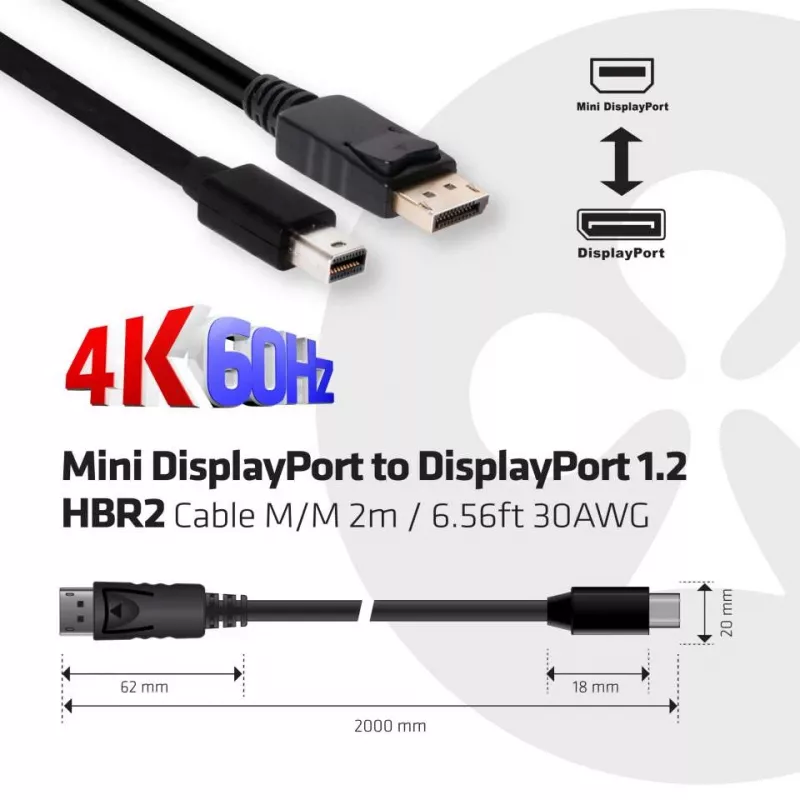 Cavo Club 3D CAC-2163 da Mini DisplayPort a DisplayPort 1.2 HBR2, maschio/maschio, 2 m (6,56 ft), 4K60Hz