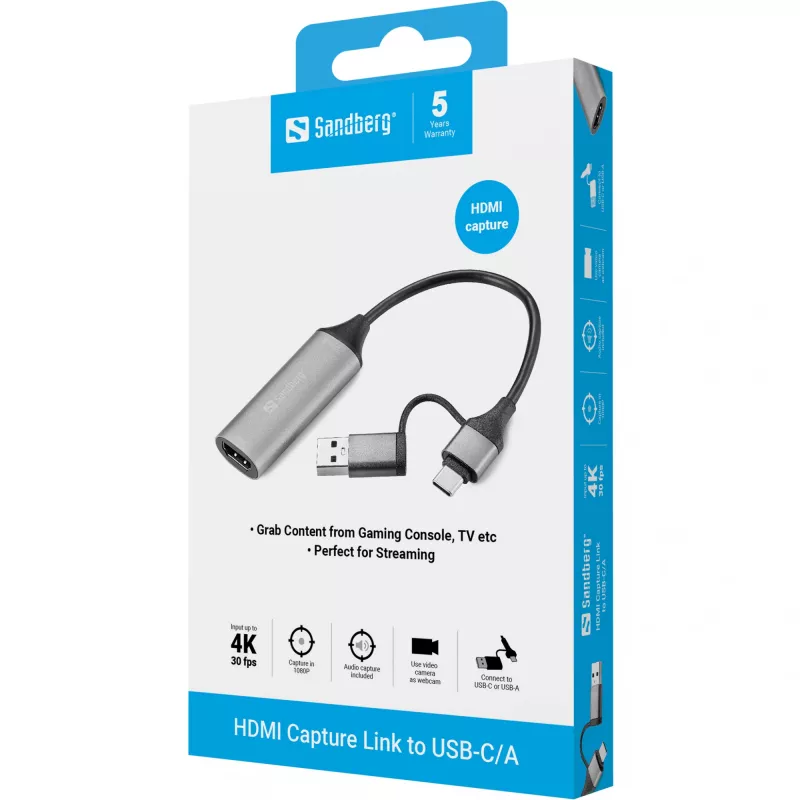 Sandberg HDMI Capture Link a USB-C/A, HDMI tipo A (standard), USB Type-A + USB Type-C, femmina, maschio, dritto, dritto