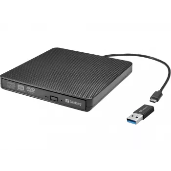 Unità DVD Sandberg USB-C/A, nero, tray, desktop/laptop, DVD Super Multi DL, USB Type-C, CD-R, CD-ROM, CD-RW, DVD+R DL, DVD-R, DVD-R DL, DVD-RAM, DVD-ROM, DVD-RW