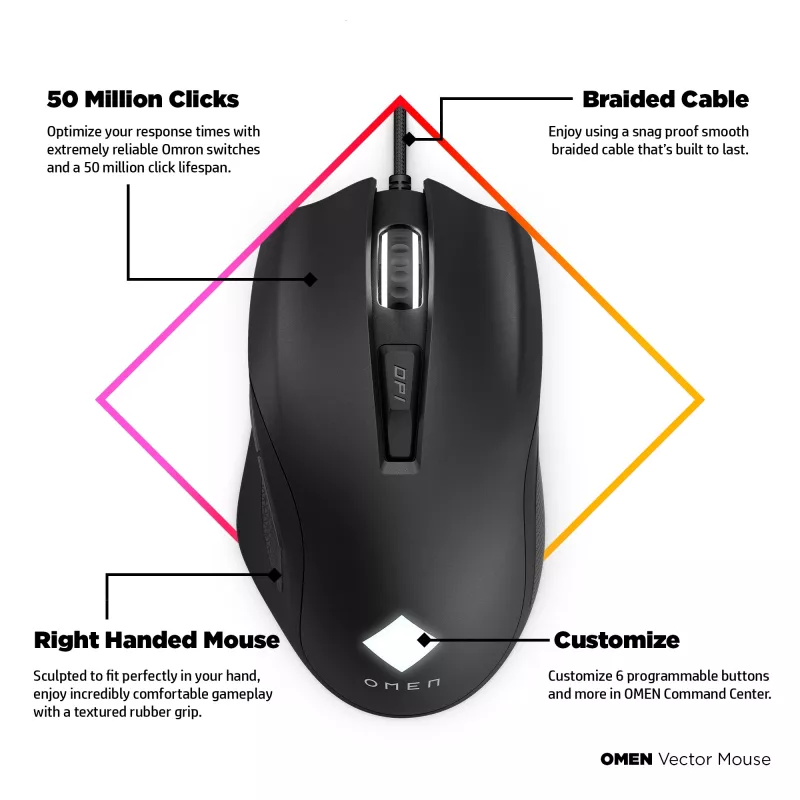 Mouse HP OMEN Vector, per destrorsi, IR-LED, USB Type-A, 16000 DPI, 1 ms, nero