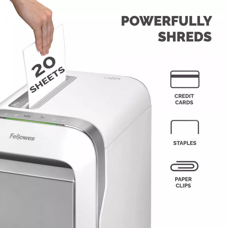 Fellowes LX Series distruggidocumenti LX221 20 fogli distruggidocumenti micro-taglio con contenitore estraibile da 30 litri massima sicurezza P5 bianco