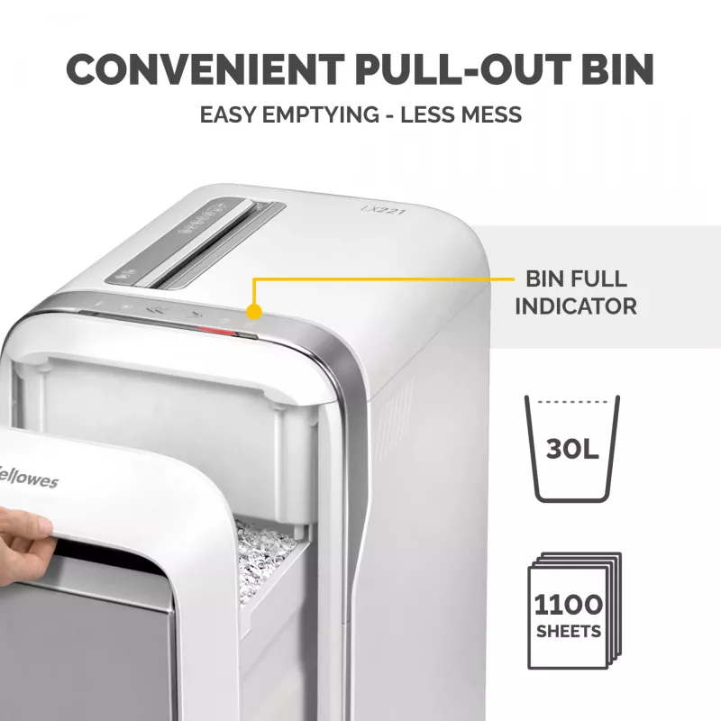 Fellowes LX Series distruggidocumenti LX221 20 fogli distruggidocumenti micro-taglio con contenitore estraibile da 30 litri massima sicurezza P5 bianco