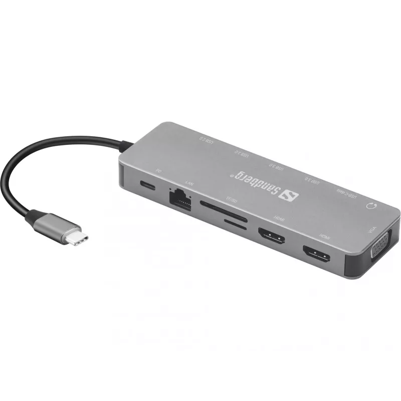 Sandberg Dock da viaggio USB-C 13-in-1, USB Type-C, 100 W Power Delivery, Ethernet 1000 Mbit/s