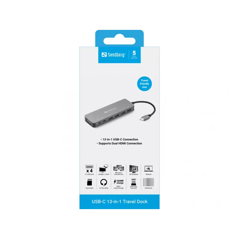 Sandberg Dock da viaggio USB-C 13-in-1, USB Type-C, 100 W Power Delivery, Ethernet 1000 Mbit/s