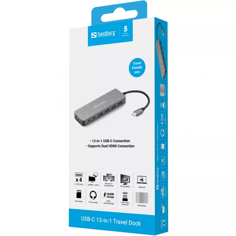 Sandberg Dock da viaggio USB-C 13-in-1, USB Type-C, 100 W Power Delivery, Ethernet 1000 Mbit/s