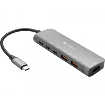 Sandberg dock USB-C HDMI + 2xUSB-A + 2xUSB-C + PD100W, con filo, USB 3.2 Gen 1 (3.1 Gen 1) Type-C, 100 W, alluminio, 4K Ultra HD, 3840 x 2160 pixel