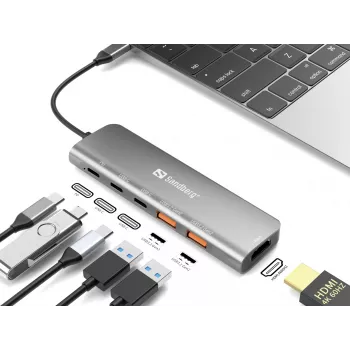Sandberg dock USB-C HDMI + 2xUSB-A + 2xUSB-C + PD100W, con filo, USB 3.2 Gen 1 (3.1 Gen 1) Type-C, 100 W, alluminio, 4K Ultra HD, 3840 x 2160 pixel
