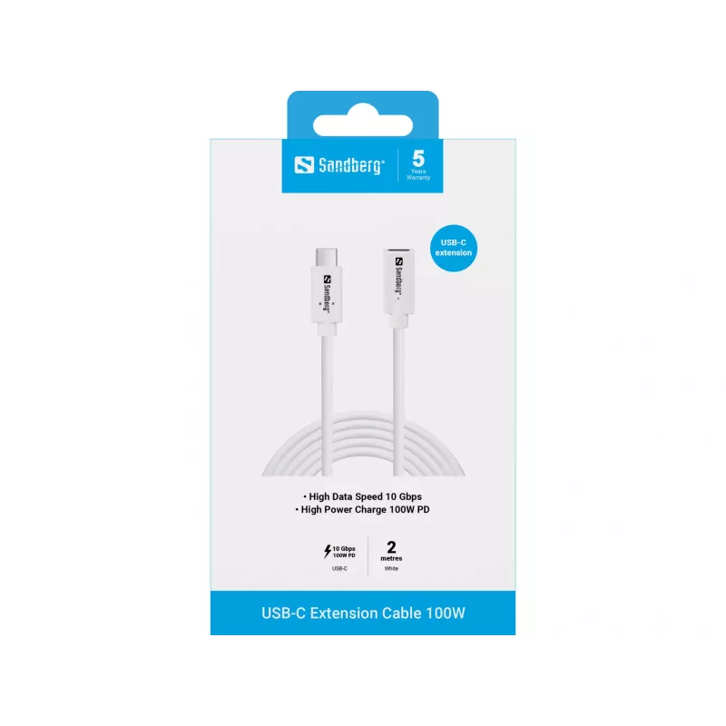 Sandberg 136-55 cavo di prolunga USB-C, maschio-femmina, 100 W, 10 Gbps, 2 m, bianco