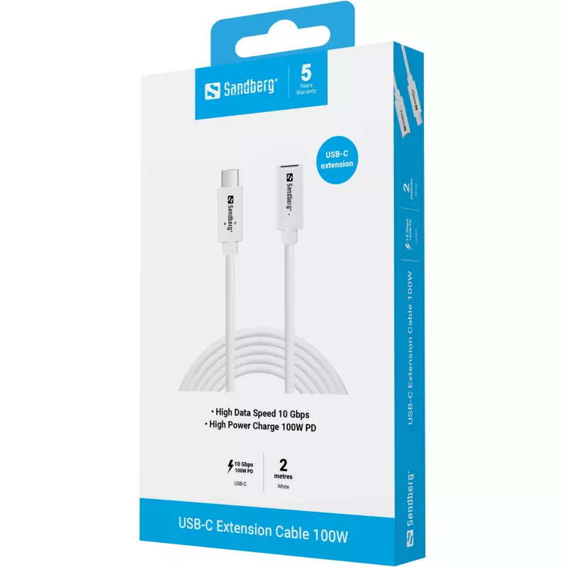 Sandberg 136-55 cavo di prolunga USB-C, maschio-femmina, 100 W, 10 Gbps, 2 m, bianco