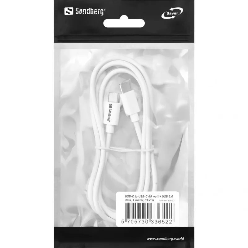 Sandberg USB-C USB-C 65W 1M SAVER, 1 m, USB C, USB C, USB 2.0, bianco