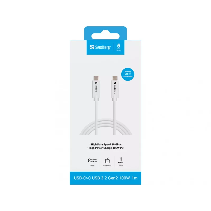 Sandberg USB-CC USB 3.2 Gen2 100W, 1M, 1 m, USB C, USB C, USB 3.2 Gen 2 (3.1 Gen 2), 10 Gbit/s, bianco