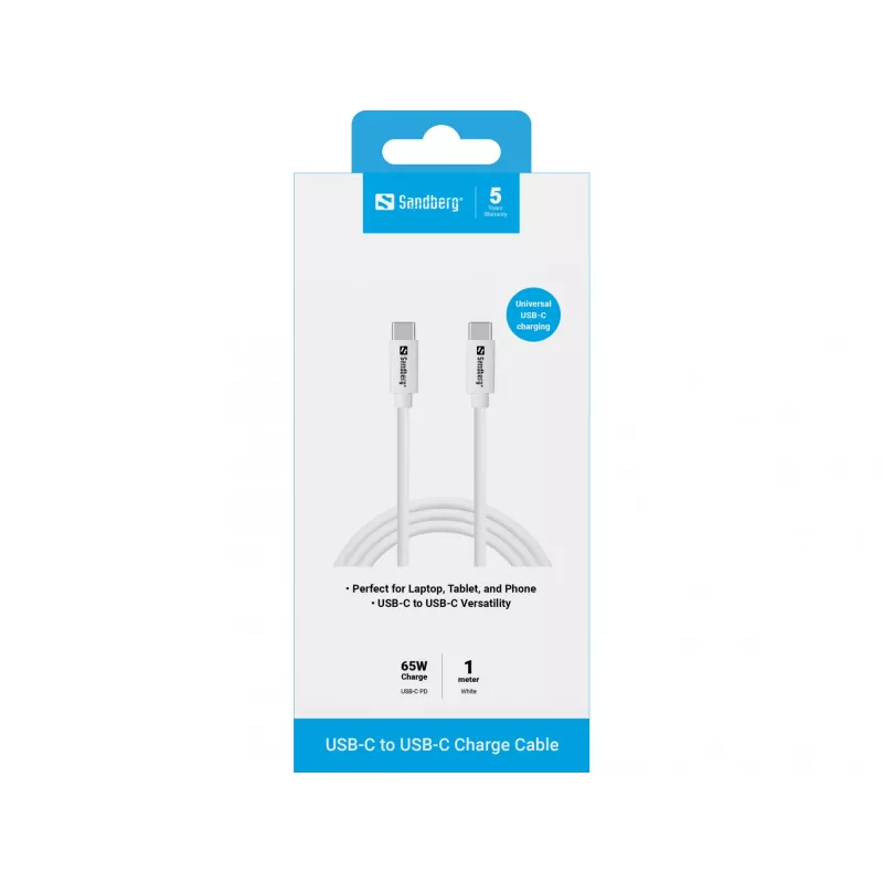 Cavo di ricarica USB-C Sandberg 1M, 65W, 1 m, USB C, USB C, USB 3.2 Gen 1 (3.1 Gen 1), bianco