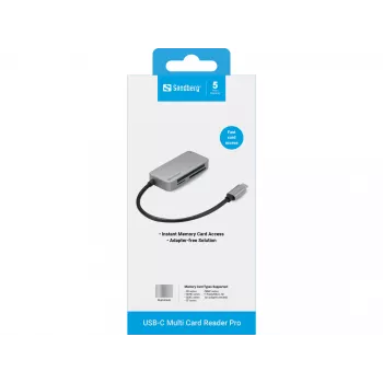 Lettore multi card Sandberg USB-C Multi Card Reader Pro, CF, MMC, MicroSD (TransFlash), SD, SDHC, SDXC, xD, nero, USB 3.2 Gen 1 (3.1 Gen 1) Type-C, 1 pz., 82 mm, 23 mm