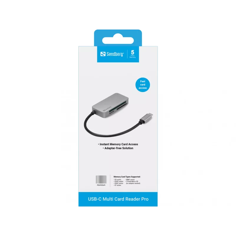 Lettore multi card Sandberg USB-C Multi Card Reader Pro, CF, MMC, MicroSD (TransFlash), SD, SDHC, SDXC, xD, nero, USB 3.2 Gen 1 (3.1 Gen 1) Type-C, 1 pz., 82 mm, 23 mm