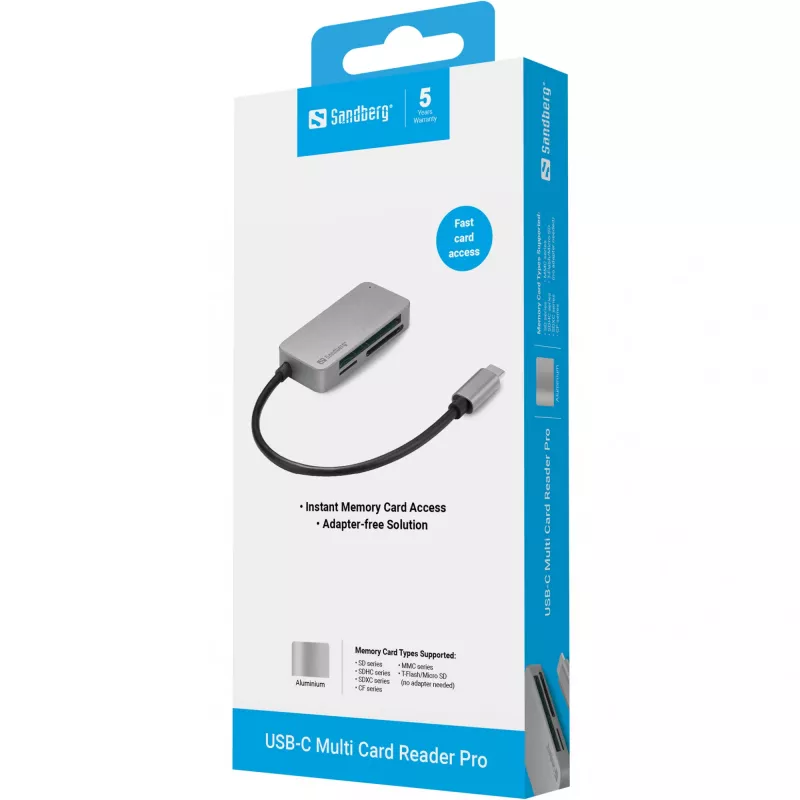 Lettore multi card Sandberg USB-C Multi Card Reader Pro, CF, MMC, MicroSD (TransFlash), SD, SDHC, SDXC, xD, nero, USB 3.2 Gen 1 (3.1 Gen 1) Type-C, 1 pz., 82 mm, 23 mm